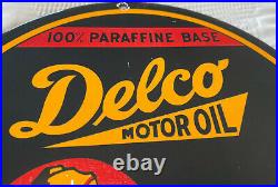 Vintage Delco Motor Oil Porcelain Sign Independent Service Station Pump Plate