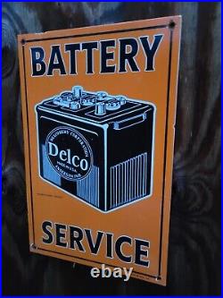 Vintage Delco Porcelain Sign 1949 Battery Advertising Automobile Parts Gas Oil