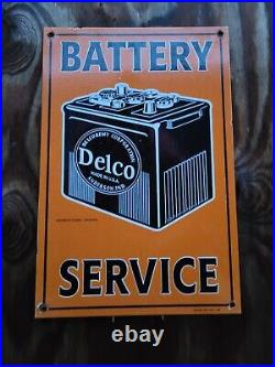 Vintage Delco Porcelain Sign 1949 Battery Advertising Automobile Parts Gas Oil