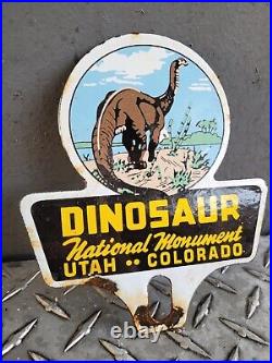 Vintage Dinosaur National Monument Porcelain Sign Gas Tag Topper Utah Colorado