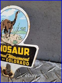 Vintage Dinosaur National Monument Porcelain Sign Gas Tag Topper Utah Colorado