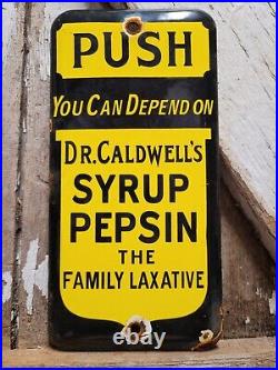 Vintage Dr Caldwells Porcelain Sign Syrup Pepsin Laxative Remedy Pharmacy Cure