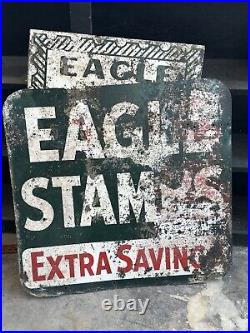 Vintage Eagle Stamp Heavy Metal Painted Double Sided Sign Original Advertisement