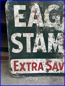 Vintage Eagle Stamp Heavy Metal Painted Double Sided Sign Original Advertisement