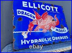 Vintage Ellicott Porcelain Sign Old Dredge Gas Machinery Dragon Advertising