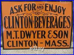 Vintage Embossed Clinton Beverages Sign Antique Old Signs Soda Drink RARE 9444