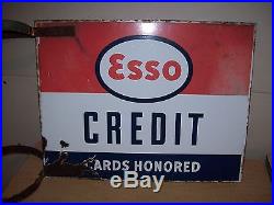 Vintage Esso Credit Card Honored Porcelain Pole Sign w Brackets-Gas Station-Oil