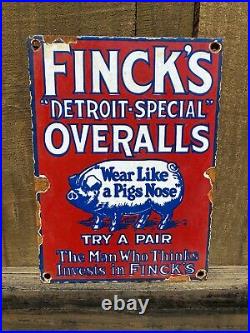 Vintage Fincks Overalls Porcelain Sign Metal Textile Factory Detroit Special Pig
