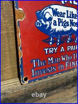 Vintage Fincks Overalls Porcelain Sign Metal Textile Factory Detroit Special Pig