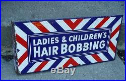 Vintage Flange Porcelain Barber Shaving Barbershop Beautyshop Hair Bobbin Sign