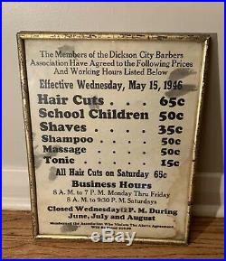 Vintage Framed 1940s Barber Shop Price List Sign