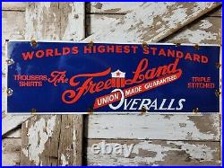 Vintage Freeland Overalls Porcelain Sign Clothing Union Made Textile Factory 30