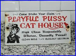 Vintage Gentlemans Club Porcelain Sign Playful Pussy Cat Ladys Bar Pub Gas Oil