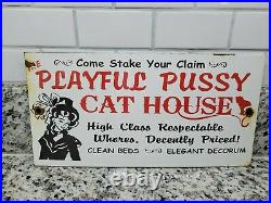 Vintage Gentlemans Club Porcelain Sign Playful Pussy Cat Ladys Bar Pub Gas Oil