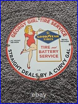 Vintage Georgy Girl Tire Service Porcelain Enamel Gas Station Sign Goodyear