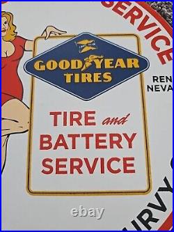 Vintage Georgy Girl Tire Service Porcelain Enamel Gas Station Sign Goodyear