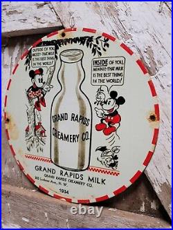 Vintage Grand Rapids Creamery Porcelain Sign Dairy Farm Milk Disney Mickey Mouse