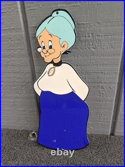 Vintage Granny Cartoon Character Porcelain Enamel Metal Sign Die Cut 13 X 5