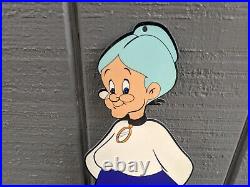 Vintage Granny Cartoon Character Porcelain Enamel Metal Sign Die Cut 13 X 5