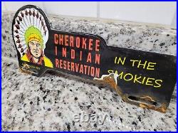 Vintage Great Smoky Porcelain Sign 1957 Cherokee Indian Reservation Topper Gas