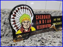 Vintage Great Smoky Porcelain Sign 1957 Cherokee Indian Reservation Topper Gas