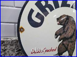 Vintage Grizzly Gasoline Porcelain Sign Motor Oil Gas Station Pump Plate Bear