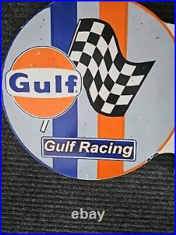 Vintage Gulf Gasoline Racing Double-sided Flange Porcelain Gas Sign