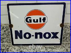 Vintage Gulf Porcelain Sign Motor Oil Gas Station Garage Pump Plate No Nox Fuel