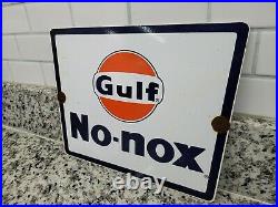 Vintage Gulf Porcelain Sign Motor Oil Gas Station Garage Pump Plate No Nox Fuel