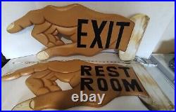 Vintage Handmade Folk Art Exit And Restroom Signs Pointing Fingers