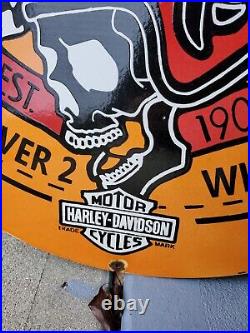 Vintage Harley Davidson Motorcycles Sign Metal Porcelain Skull 2 Wheels Gas Oil