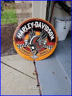 Vintage Harley Davidson Motorcycles Sign Metal Porcelain Skull 2 Wheels Gas Oil
