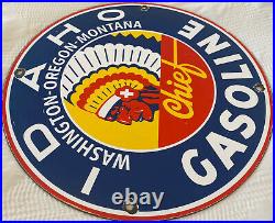 Vintage Idaho Gasoline Porcelain Sign Chief Gas Station Pump Plate Washington