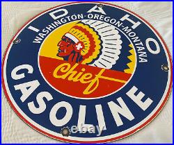 Vintage Idaho Gasoline Porcelain Sign Chief Gas Station Pump Plate Washington