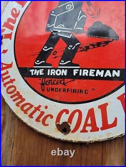 Vintage Iron Fireman Porcelain Sign Coal Furnace Cabin Oil Gas Station Service