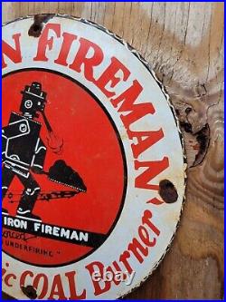 Vintage Iron Fireman Porcelain Sign Coal Furnace Cabin Oil Gas Station Service