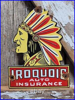 Vintage Iroquois Porcelain Sign Auto Insurance Chief Door Plaque Advertising