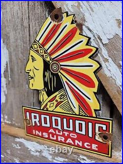 Vintage Iroquois Porcelain Sign Auto Insurance Chief Door Plaque Advertising