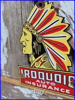 Vintage Iroquois Porcelain Sign Auto Insurance Chief Door Plaque Advertising