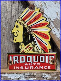 Vintage Iroquois Porcelain Sign Auto Insurance Chief Door Plaque Advertising