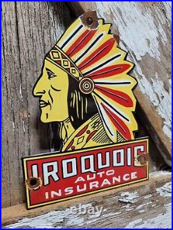 Vintage Iroquois Porcelain Sign Auto Insurance Chief Door Plaque Advertising