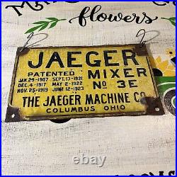 Vintage Jaeger Cement Mixer #3E The Jaeger Machine Co Porcelain Sign 1907 Ohio