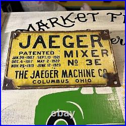 Vintage Jaeger Cement Mixer #3E The Jaeger Machine Co Porcelain Sign 1907 Ohio