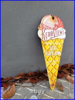 Vintage Kerr View Ice Cream Porcelain Sign Dessert Sweet Cream Candy Cone Gas