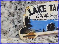 Vintage Lake Tahoe Porcelain Sign Plate Tag Topper Cali Gas Station Oil Service