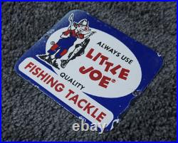 Vintage Little Joe Fishing Tackle Porcelain Metal Sign Gas Oil Rare Bait Ad