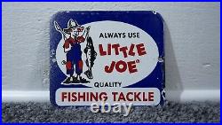 Vintage Little Joe Fishing Tackle Porcelain Metal Sign Gas Oil Rare Bait Ad