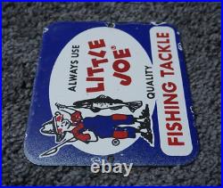 Vintage Little Joe Fishing Tackle Porcelain Metal Sign Gas Oil Rare Bait Ad