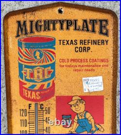 Vintage Metal Mighty Plate TRG Texas Oil Refinery Thermometer Roofing Sign 24X8