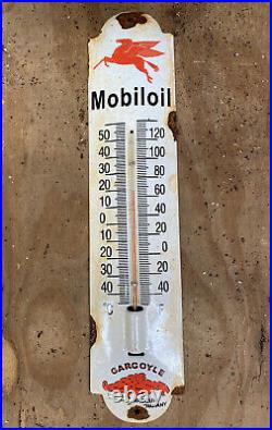 Vintage Mobil Oil Porcelain Sign Thermometer Metal Gas Lube Petroliana Pegasus